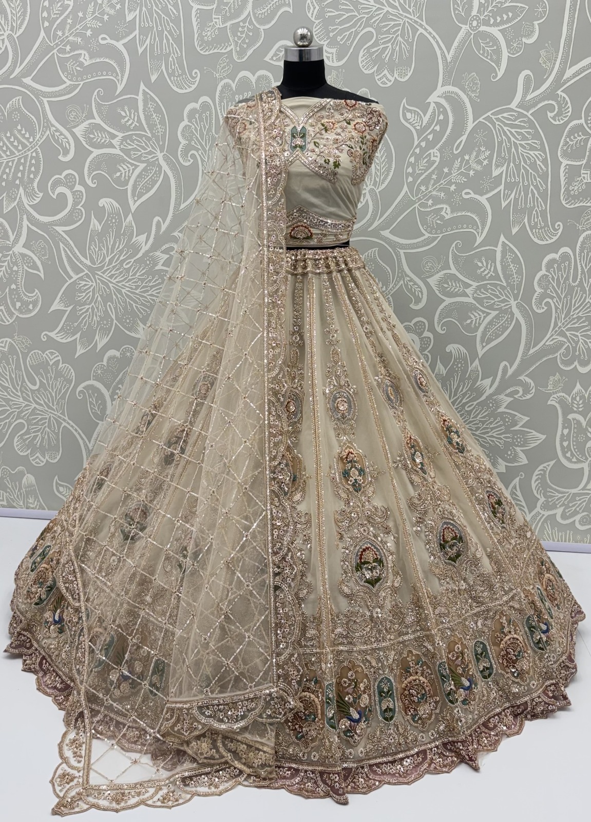 Beige Net Golden Beads ,Multi-color Thread, Sequin Handwork Semi-Stitched Lehenga Choli